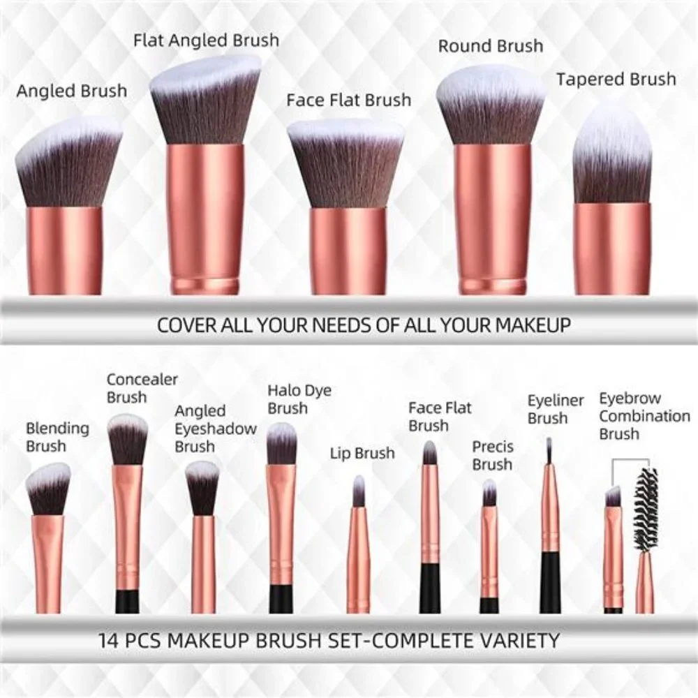 Makeup Brush 14 Pcs Brush Set, Rose Golden, with Case